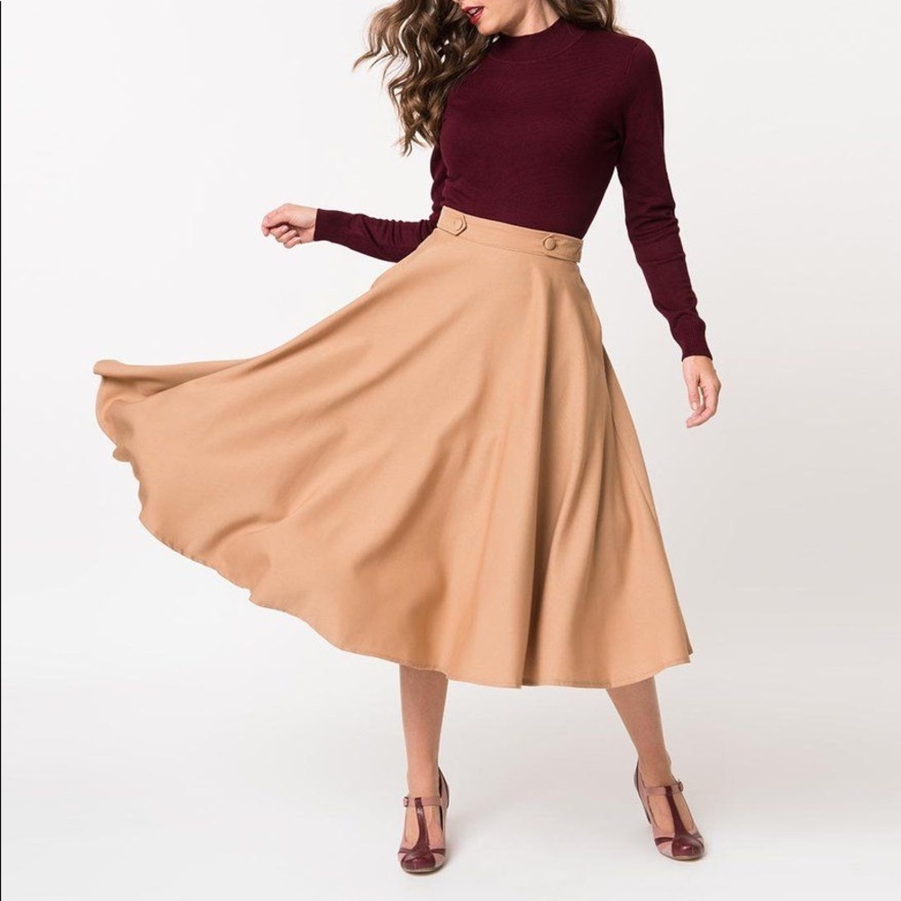 NWT Unique Vintage 1950s Tan Full Skirt in Large
